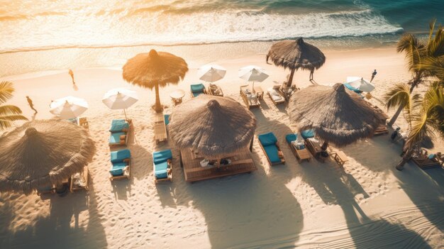 Oceanfront beach in a beautiful bay surrounded by rocks with sun loungers and umbrellas at sunset top view