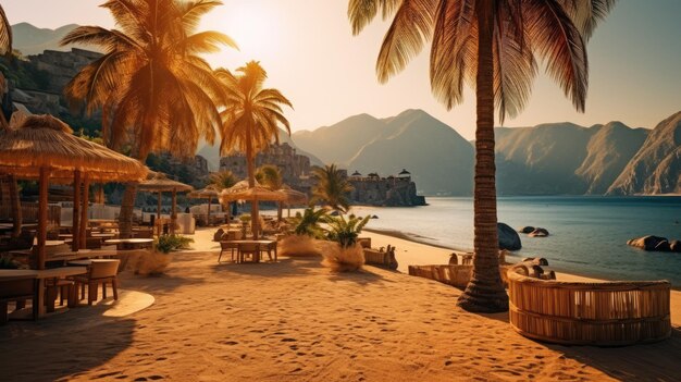 Oceanfront beach in a beautiful bay surrounded by rocks with sun loungers and umbrellas at sunset wide angle