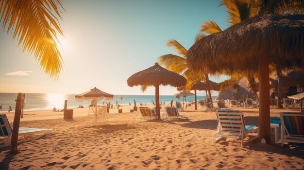 Oceanfront beach in a beautiful bay surrounded by rocks with sun loungers and umbrellas at sunset wide angle