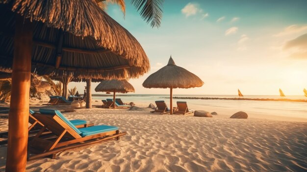 Oceanfront sand beach in a beautiful bay with sun loungers and umbrellas at sunset wide angle