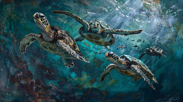 Oceanic ballet Graceful sea turtles glide gracefully through the ocean depths their movements reminiscent of an underwater ballet