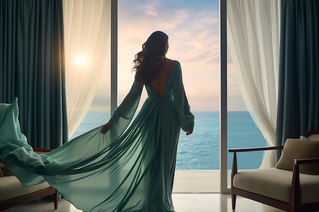 Oceanic Bliss Woman Unveiling Endless Turquoise Seascape from Premium Hotel Suite