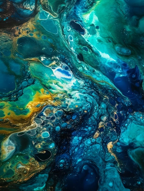 Oceanic Depths Create a fluid art image that features deep shades of blue and green reminiscent of ocean waters Add metallic accents to create depth and shimmer