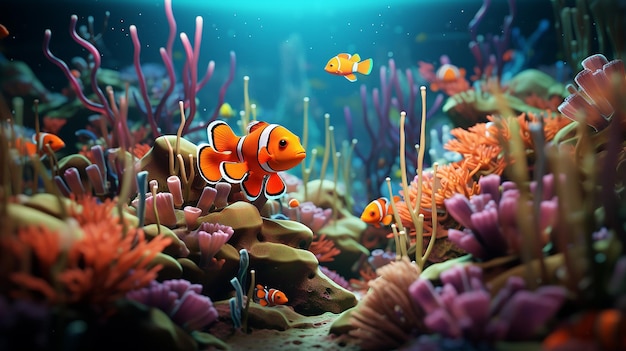 Oceanic Harmony 3D Clay World with Anemonefish in Minimal Colors