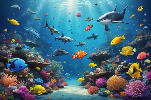 Oceanic Jubilation Create an underwater world where confetti and fireworks bring joy to marine life