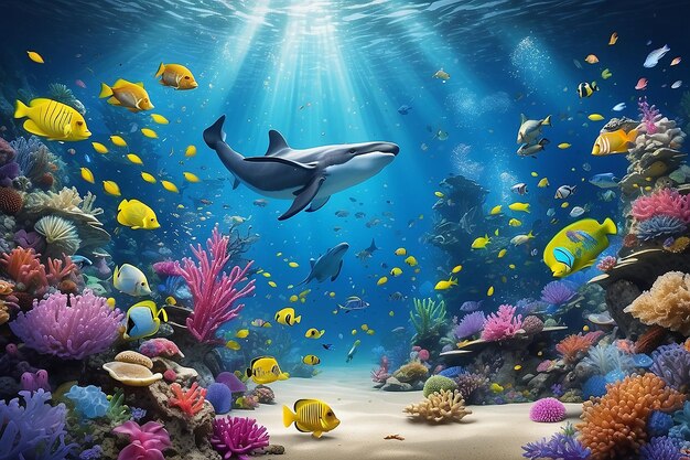 Oceanic Jubilation Create an underwater world where confetti and fireworks bring joy to marine life