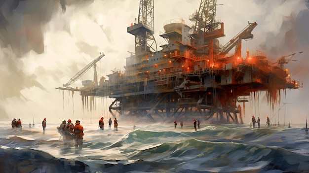 Oceanic Oil Rig A Majestic Painting Enhanced by Generative AI