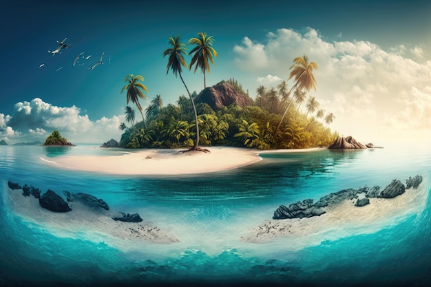 Oceanic panorama with palm trees and a tropical beach on a tropical island