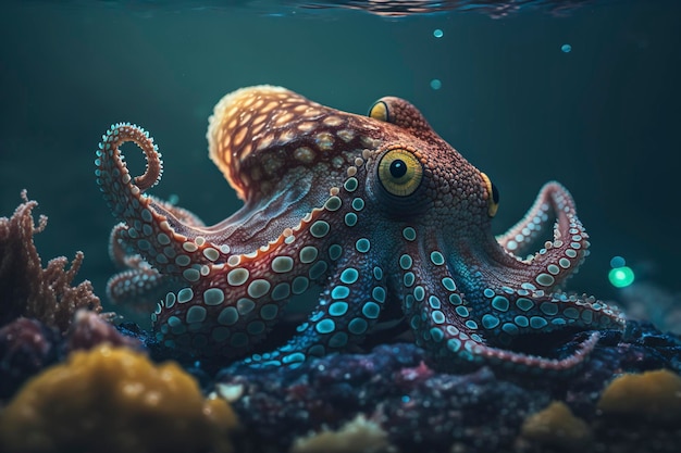 oceanic predatory octopus against a dark ocean background