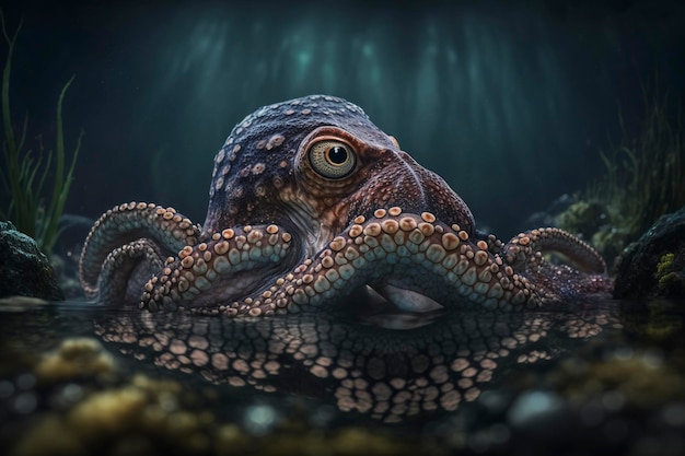 oceanische roofzuchtige octopus tegen een donkere oceaanachtergrond