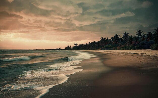 Oceans Gentle Embrace Secluded Beach Bathed in Golden Sunset Light