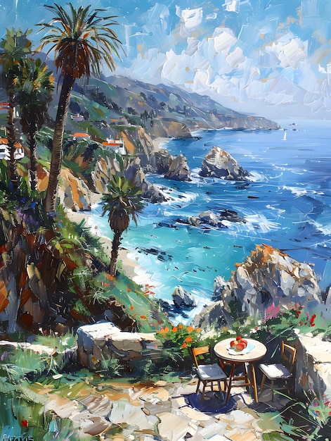 Oceanview painting of table chairs on cliff with water sky plants