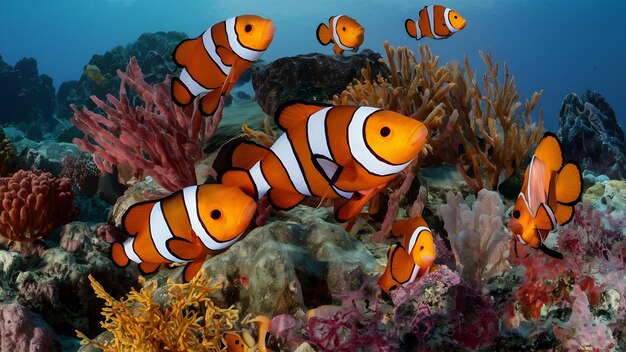 Photo ocellaris clownfishes among coral reefs