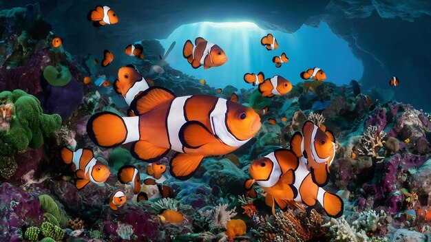 Photo ocellaris clownfishes among coral reefs