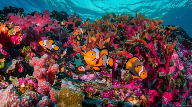 Photo ocellaris clownfishes among coral reefs