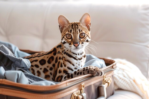 Фото Оцелот сидит в чемодане.