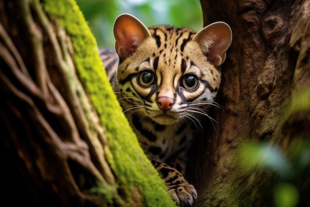 A ocelot in a tree with green moss