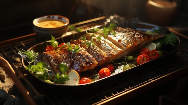 Photo ochazuke with grilled mackerel best for banner flyer and poster