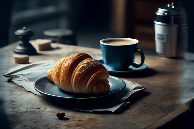 Ochtend achtergrond verkwikkende koffie en een verse croissant Generatieve AI