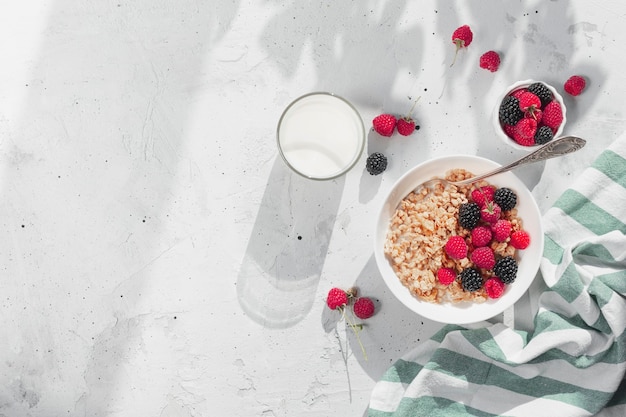 Ochtend gezond ontbijt, witte kom vol met muesli, muesli, framboos, braam op grijze betonnen tafel. gezond eten, eco, bio food concept. verse smakelijke maaltijd op grijze achtergrond. kwaliteitsfoto