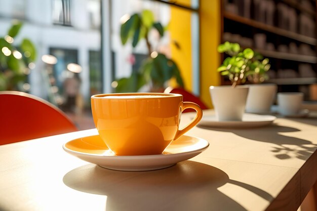 Ochtend heerlijke koffie in oranje beker op tafel met bloemen in café bij zonsopgang Vrolijke dageraad