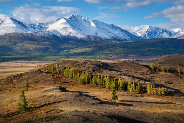 Ochtend in Kurai steppe uitzicht op North Chuysky Ridge. Altaj, Rusland