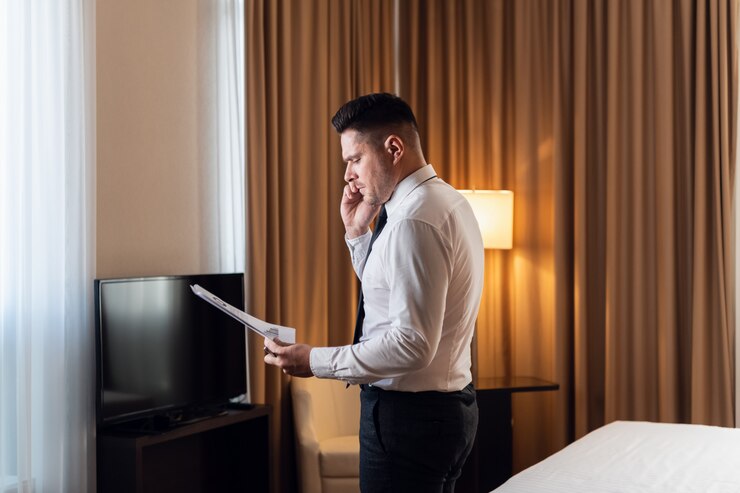Ochtend in luxe hotel. Zijaanzicht van een knappe jonge zakenman die een telefoongesprek voert, dat zich in een zekere houding bij een panoramisch venster met sommige blauwdrukken in zijn hand bevindt