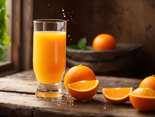 Ochtend Splash vers sinaasappelsap op houten tafel