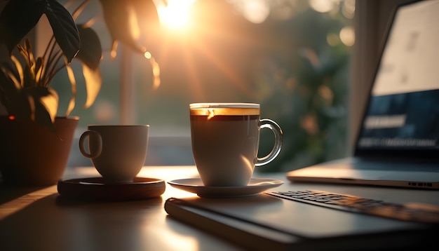 ochtend tafel met laptop en koffie zonnige ochtend