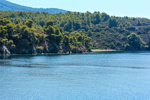 Ochtend zomer Egeïsche Zee kust landschap met pijnbomen op de wal, Sithonia (in de buurt van Ag. Kiriaki), Chalkidiki, Griekenland.