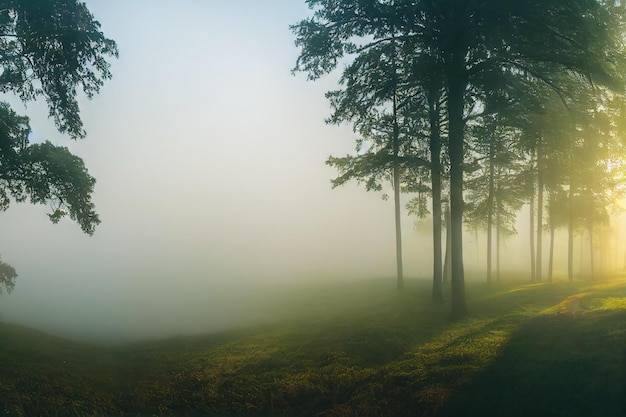 Ochtendbosmist verdwijnt over de weide en bomen gecreëerd met generatieve ai