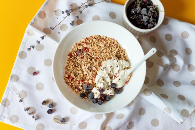 Ochtendgranola-ontbijt met griekse yougurt en bosbes