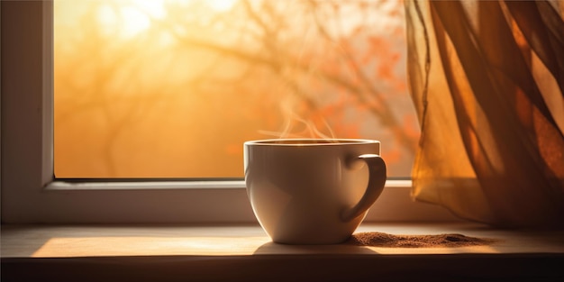 Foto ochtendkoffie met zonsopgangachtergrond