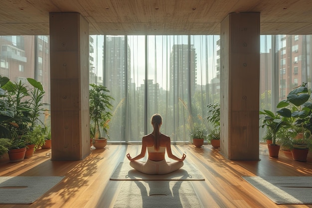 Ochtendmeditatie in een zonnige kamer met stadsbeeld