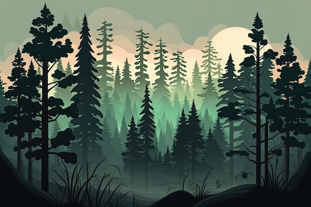 Ochtendmist in een dicht bos met copyspace Naaldbomen met een met tekst gevulde achtergrond van onheilspellende somberheid Een sfeervol landschap