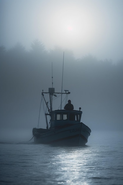 Ochtendmist op de oceaan Een vissersboot bij zonsopgang