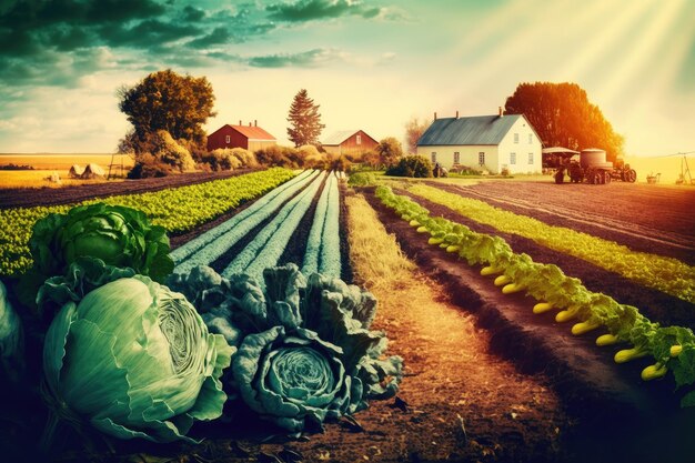 Ochtendoogst en oogst van eetbare groenten in het veld met moestuinen gemaakt met generat