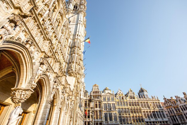 Ochtendzicht op de gebouwen op het centrale plein van de Grote Markt in de oude binnenstad van Brussel tijdens het zonnige weer in België