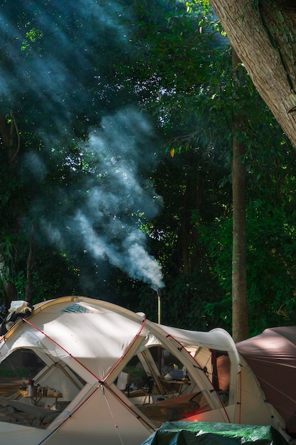 Foto ochtendzonlicht op het oppervlak van tenten met rook van een kookpijpleiding onder een grote boom in het bos