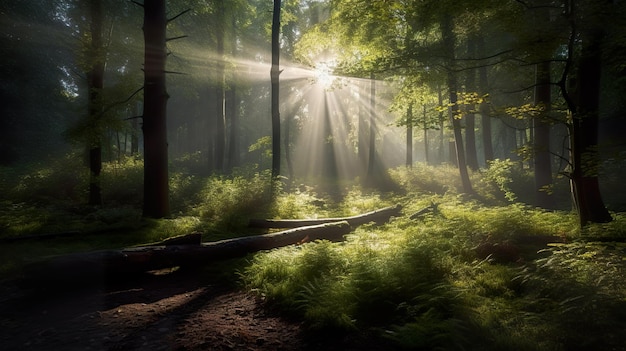 Ochtendzonsondergang mistig in het bos Bosbomen