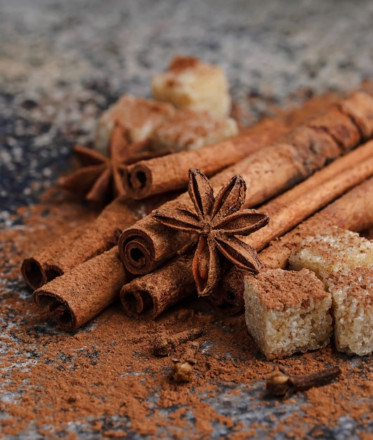 ? cacao in polvere, bastoncini di cannella e anice