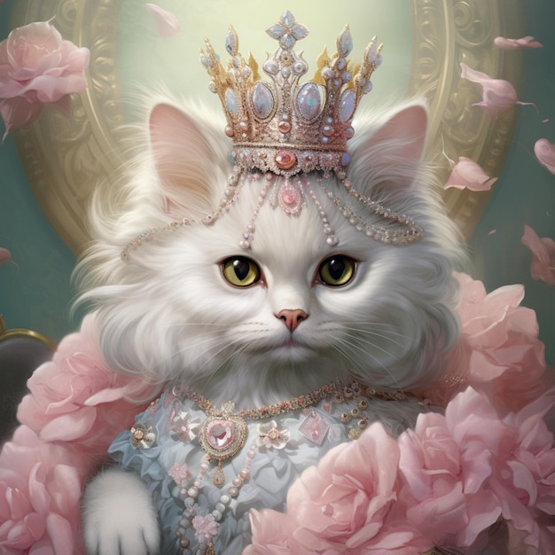 ococo era noble Antoinette cat with pastel pink eyes sparkly crown iridescent big eyes surreal