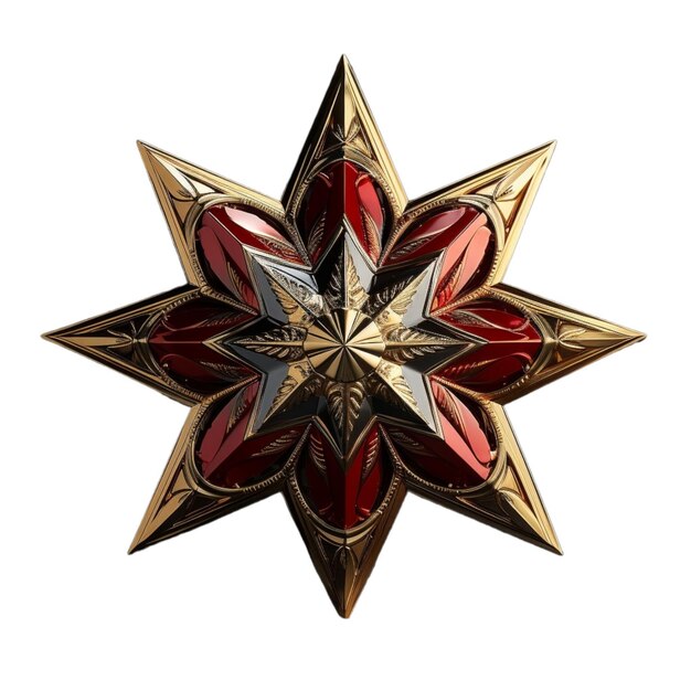 Octagonal red star in the style of Soviet realism gems white and bronze tones on a transparent background