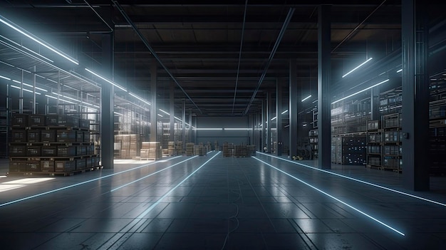 Octane Render of a Smart Warehouse with Product Box and Light Line AI Generated Image