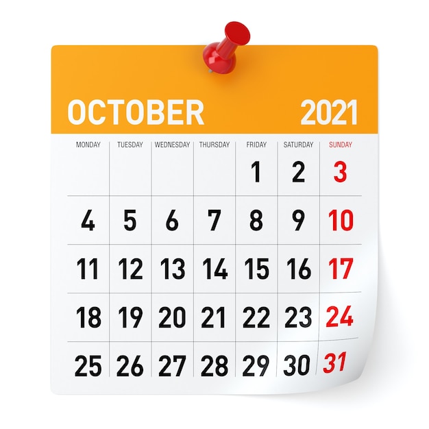 Calendario ottobre 2021. isolato su sfondo bianco. illustrazione 3d