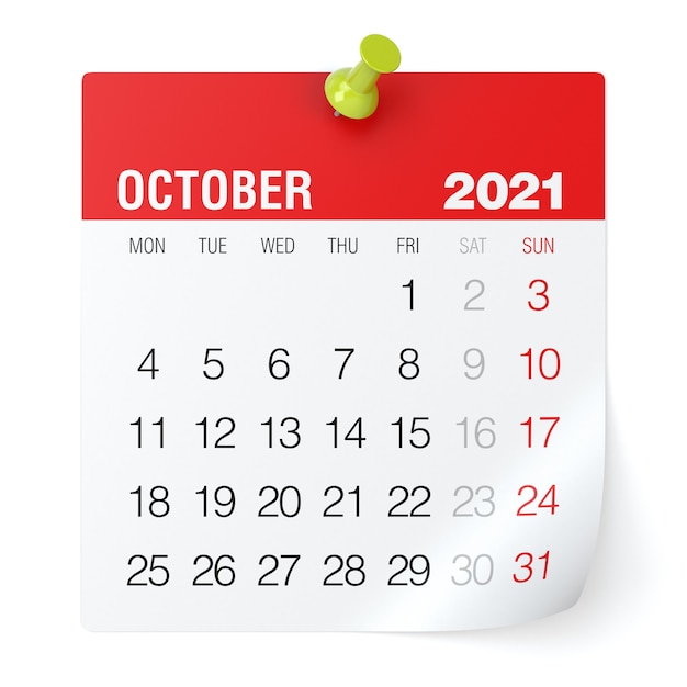 October 2021 - Calendar. Isolated on White Background. 3D Illustration