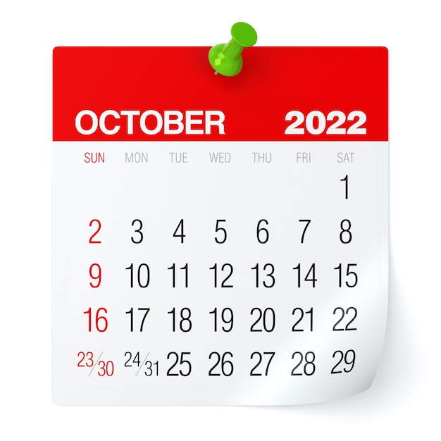 October 2022 - Calendar. Isolated on White Background. 3D Illustration