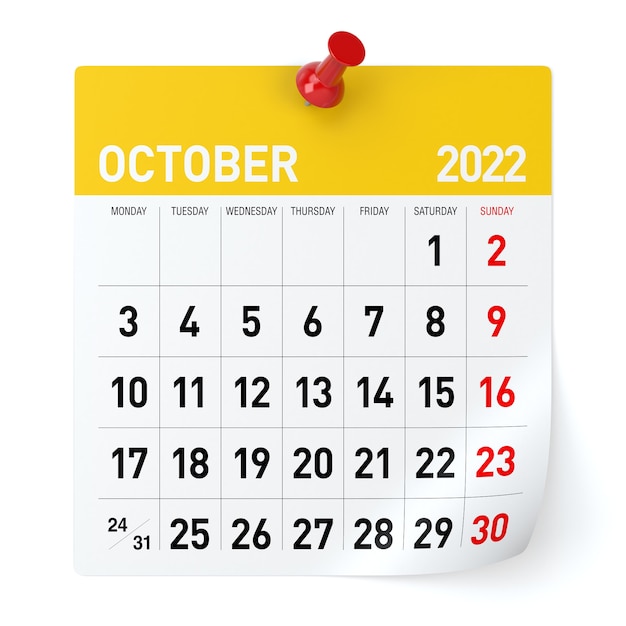 October 2022 - Calendar. Isolated on White Background. 3D Illustration