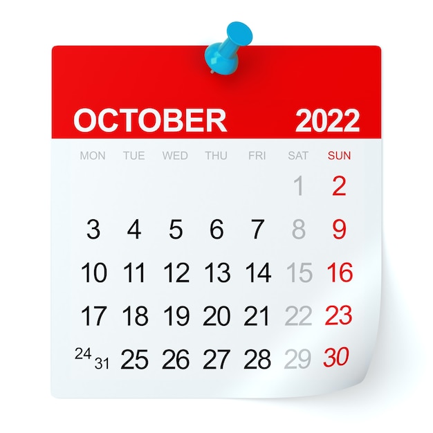 October 2022 - Calendar. Isolated on White Background. 3D Illustration