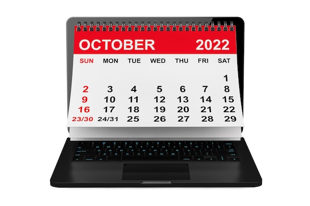 Calendario di ottobre 2022 sul rendering 3d dello schermo del laptop